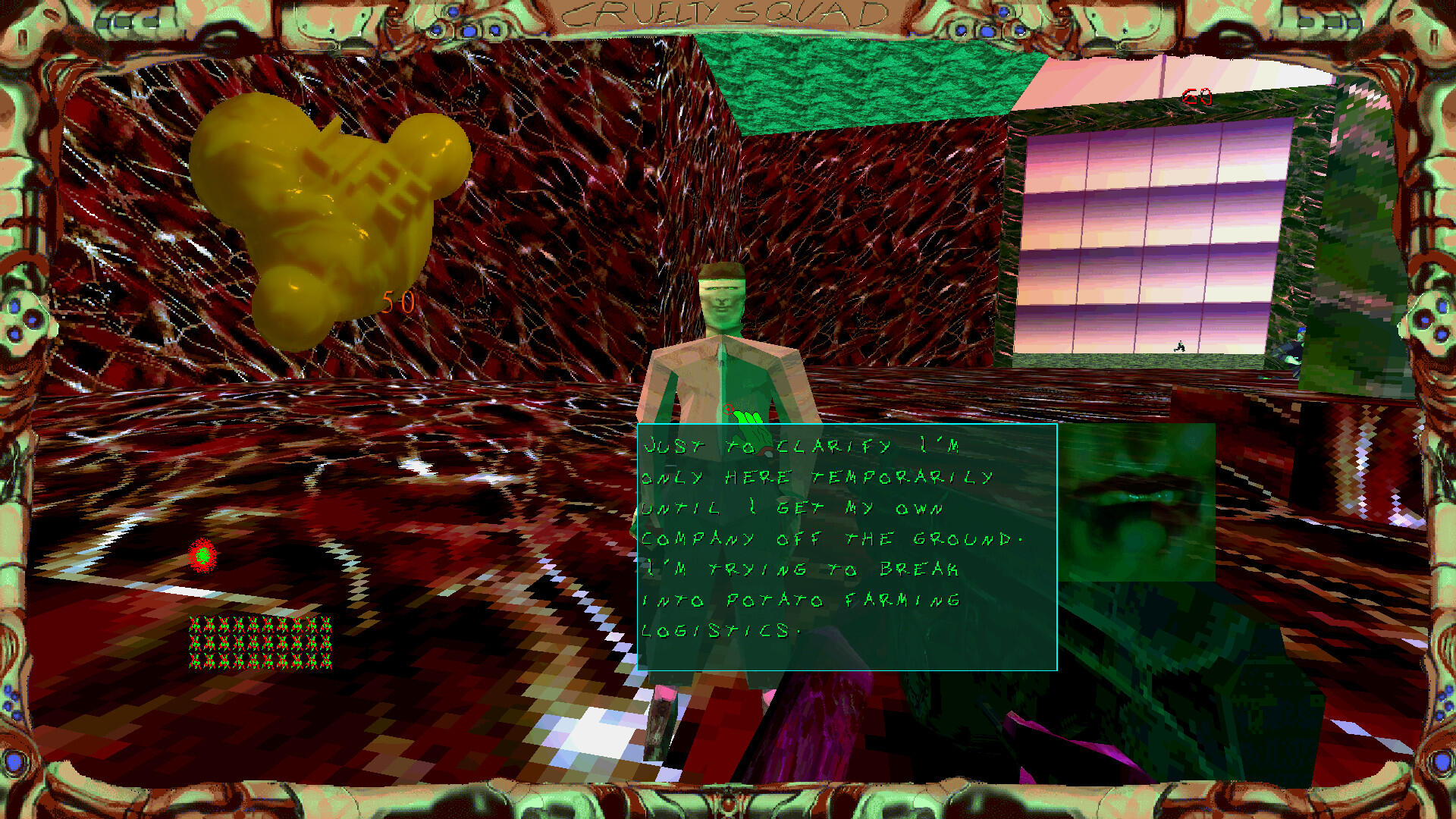 Figure 2: Cruelty Squad (2021). A modern release whose clunky and offensive design function as part of the game’s corporate biop